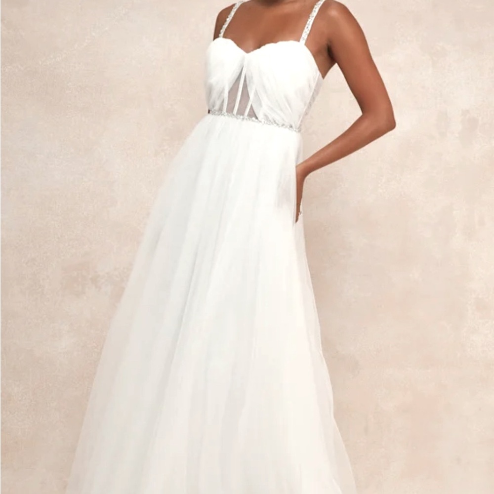 NWT LULU’s Glittering Romance White Rhinestone Tulle Bustier Maxi wedding dress